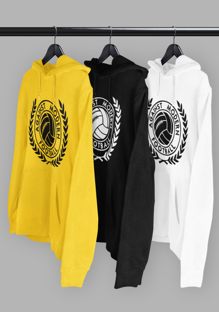 mockup of three pullover hoodies hanging fro